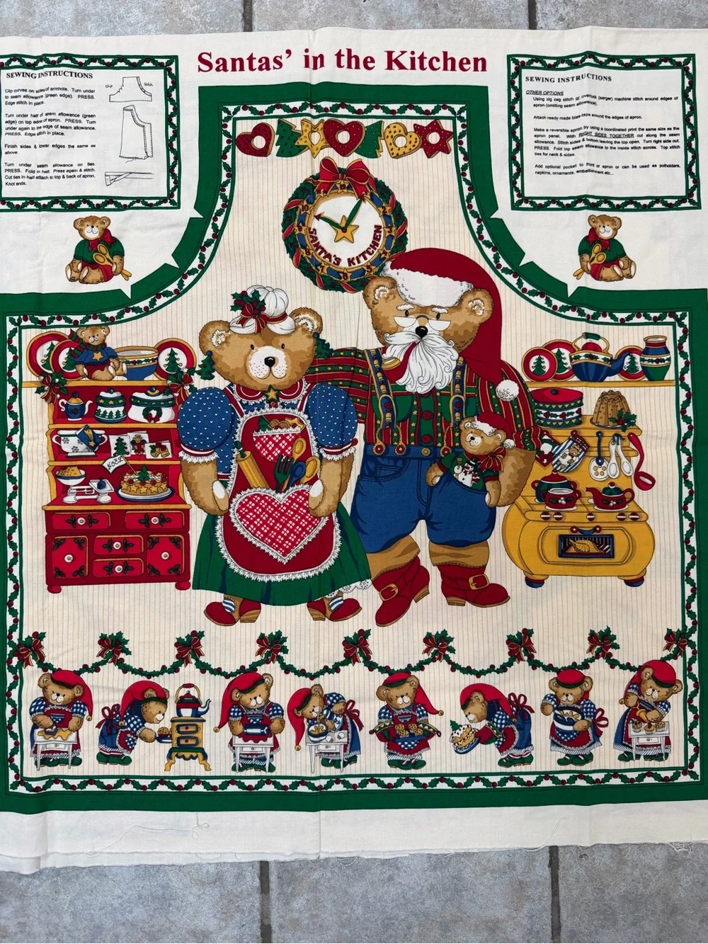 Santas' in the Kitchen Holiday Cotton Panel - Red & Green Bears